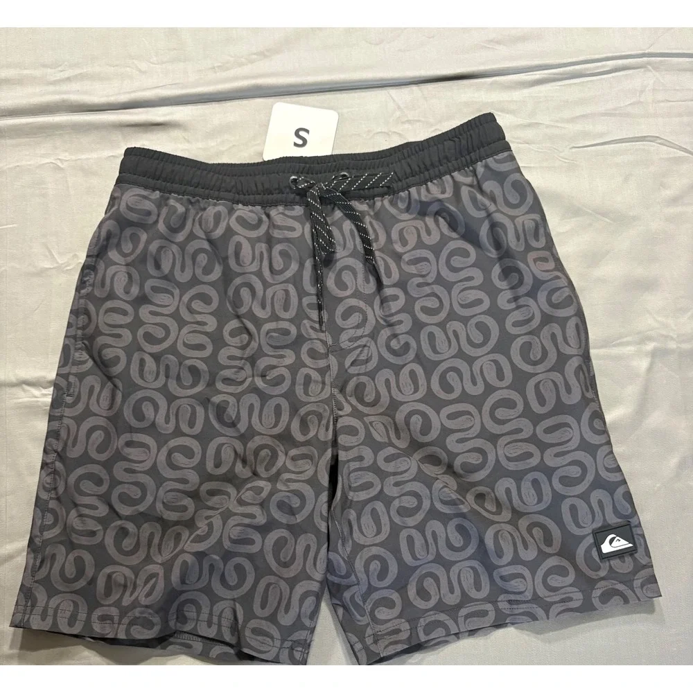 Quiksilver Mens Swim Trunks Gray Black Swirl Print Board Shorts Small RN 169009